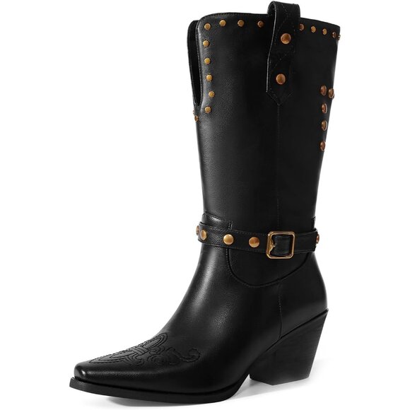 🆕Womens Black Faux Leather Mid Calf Square Toe Block Chunky Heel Studded Boots - Picture 6 of 13
